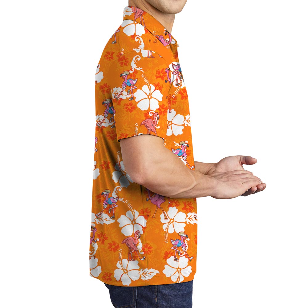 Orange Men's Golf Hawaiian Polo Shirt With Flamingo