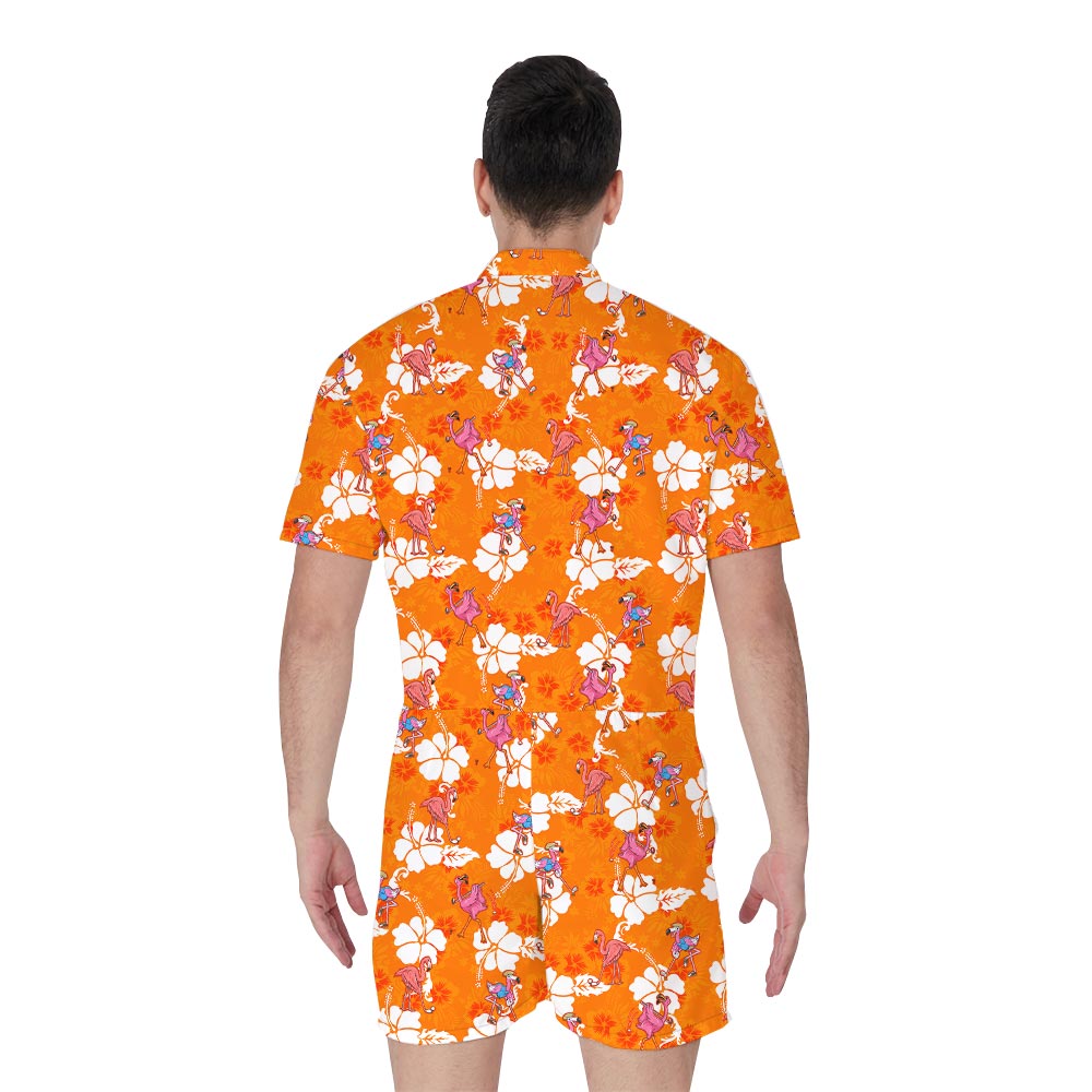 Orange Tropical Men's Romper Flamingo Playing Golf