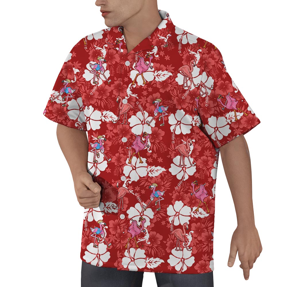 Men's Golf Flamingo Hawaiian Shirt Red Hibiscus