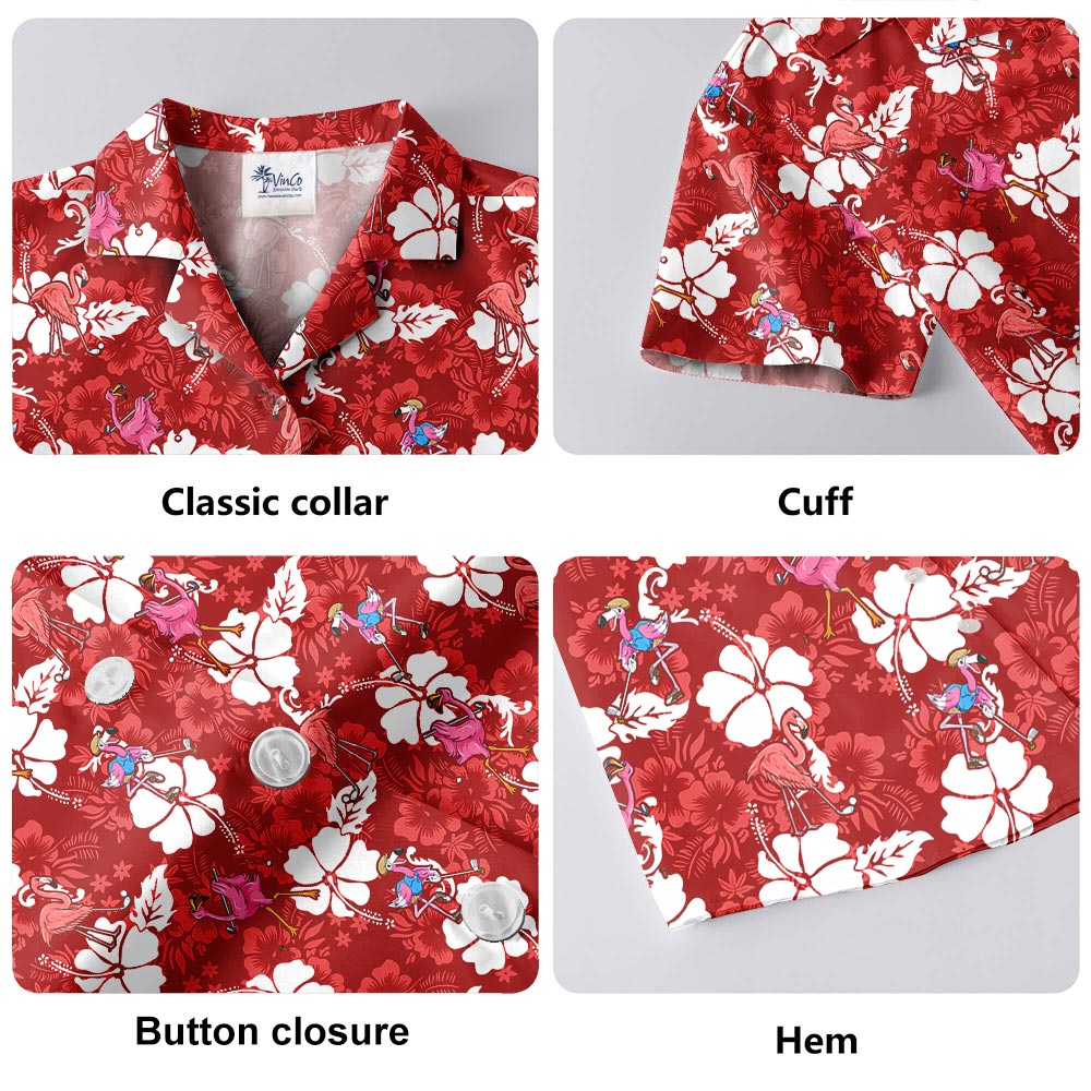 Men's Golf Flamingo Hawaiian Shirt Red Hibiscus