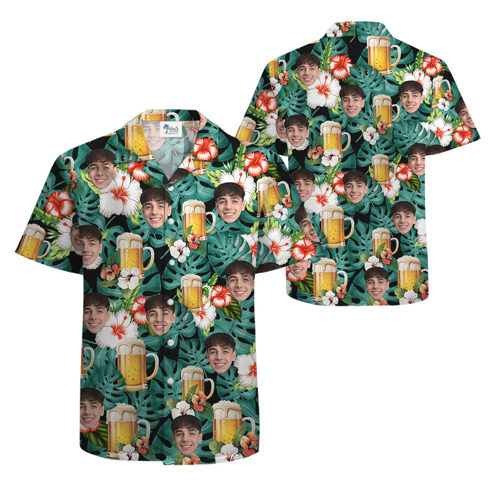 Beer Hibiscus Men's Hawaiian Shirt With Face