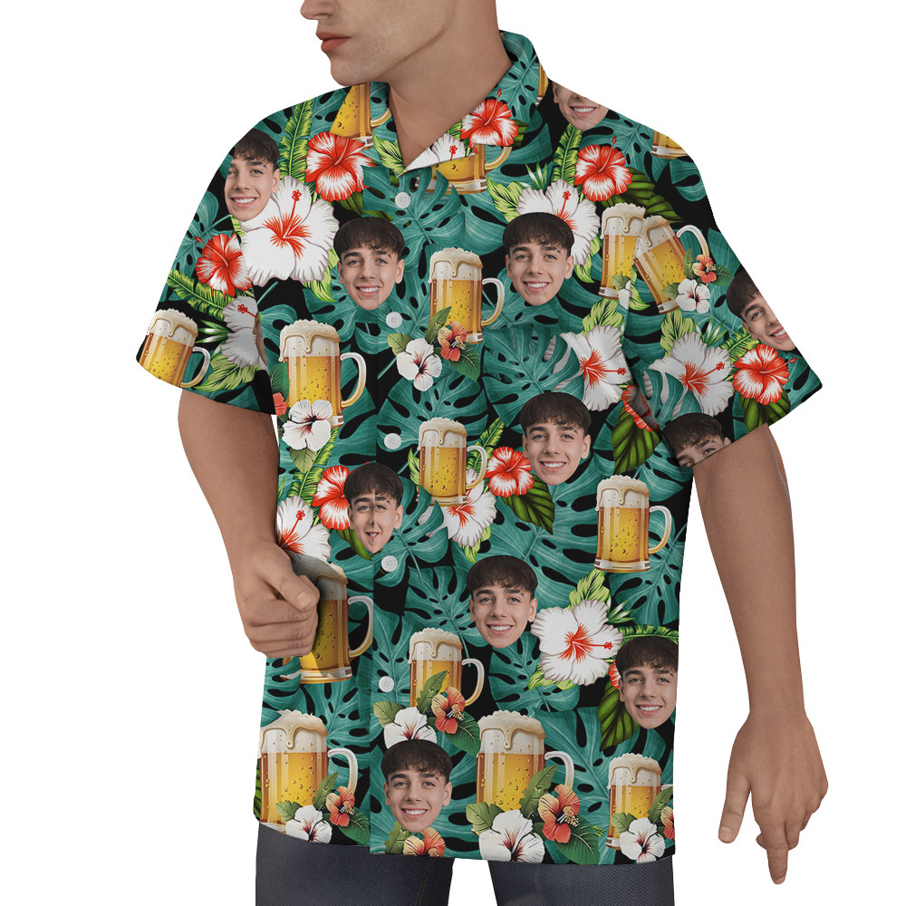 Beer Hibiscus Men's Hawaiian Shirt With Face