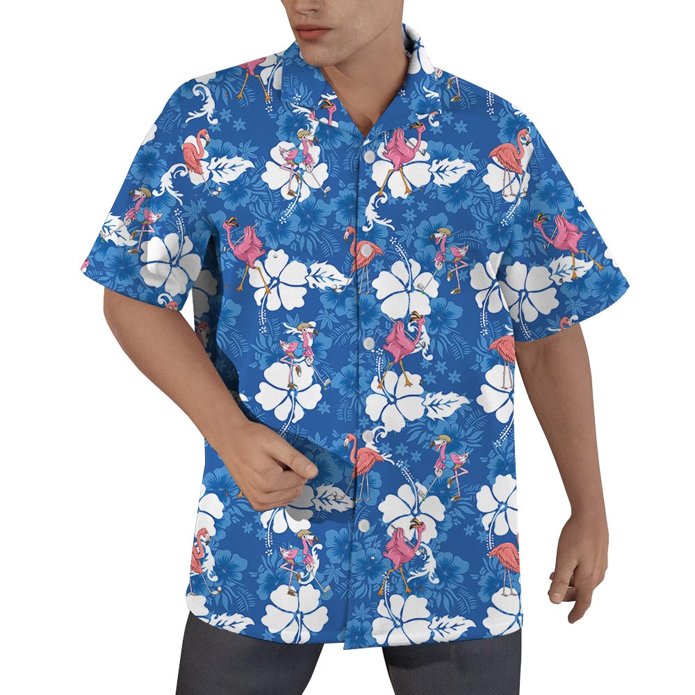 Flamingo Playing Golf Hawaiian Shirt For Men Blue - variant image 1