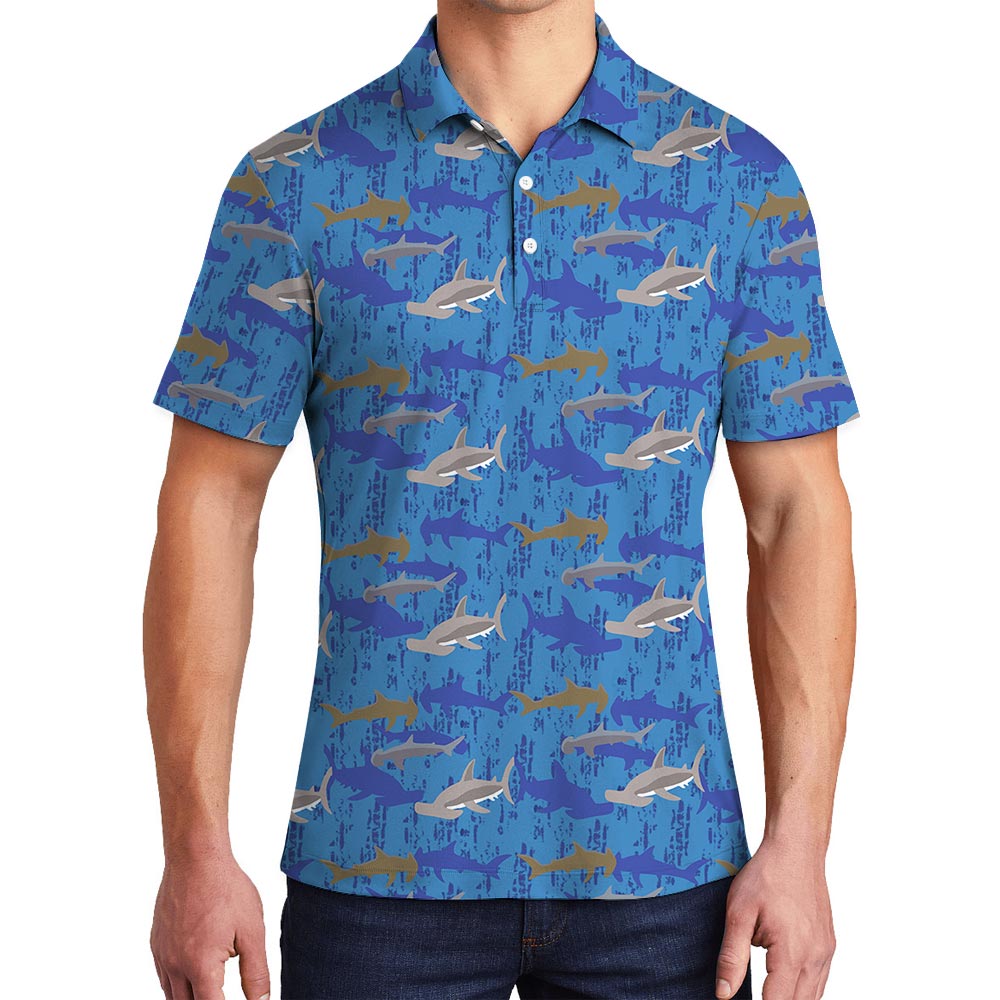 Cool Hammerhead Shark Blue Hawaiian Polo For Men - variant image 1