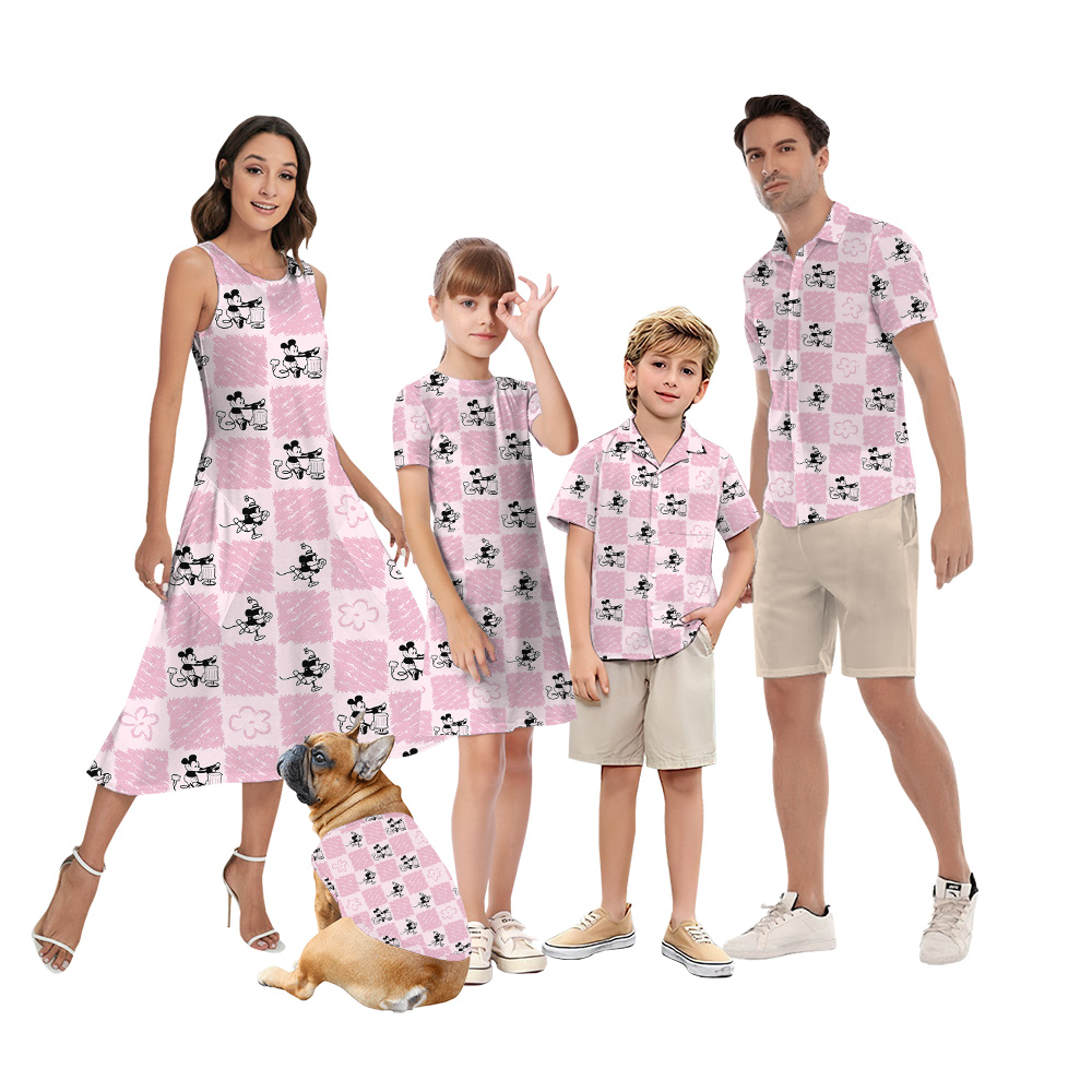 Cute Steamboat Willie Mickey Floral Pink Family Matching Hawaiian Outfits - variant image 1