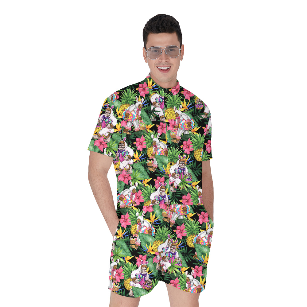 Cute Easter Bunny Bigfoot Floral Hawaiian Romper For Men - variant image 1