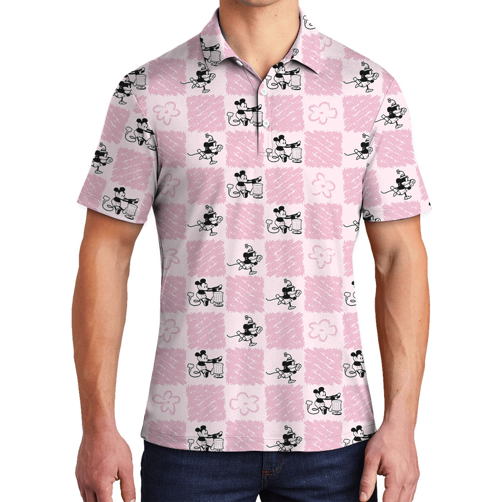 Steamboat Willie 1928 Mickey Floral Pink Hawaiian Polo Shirt - variant image 1