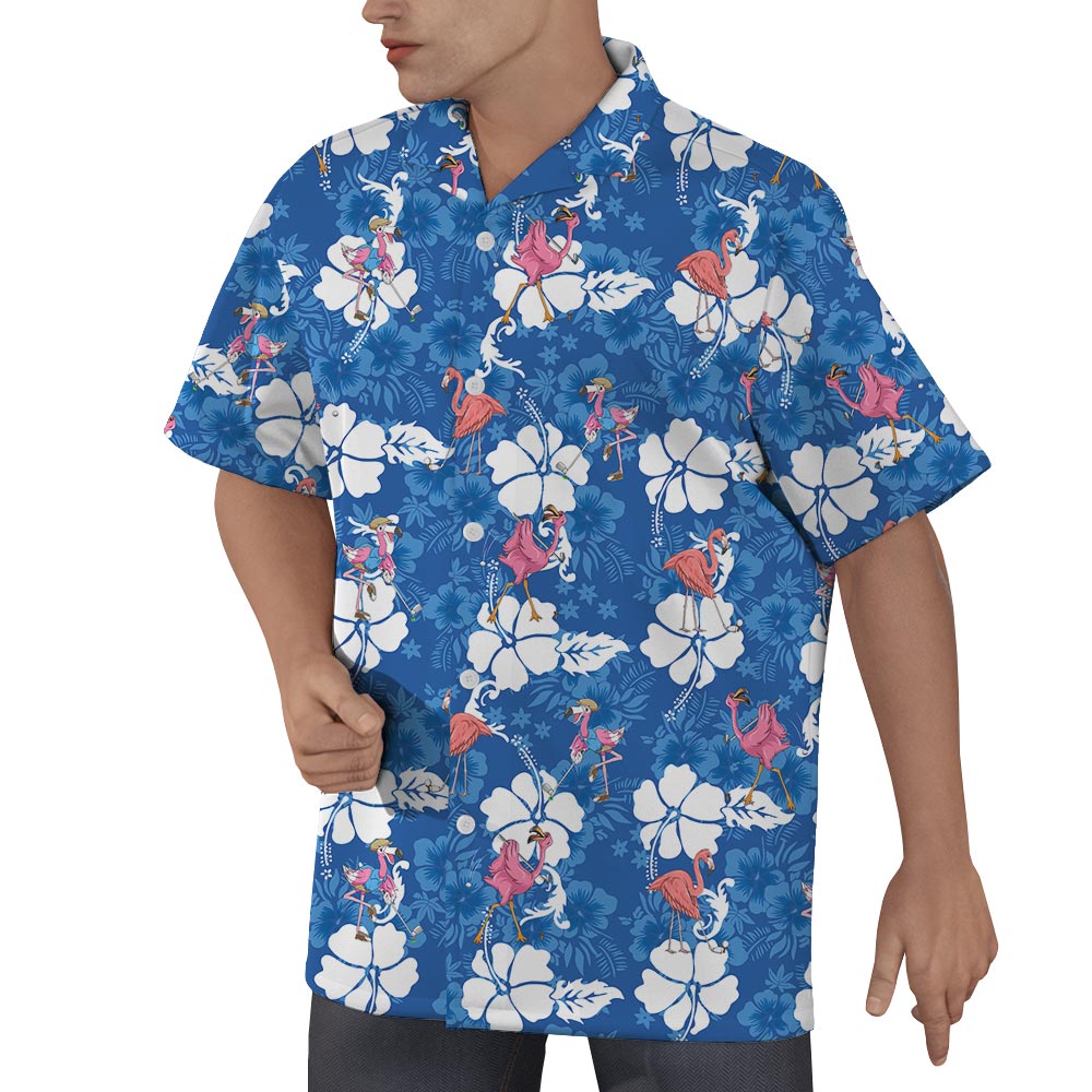 Flamingo Playing Golf Hawaiian Shirt For Men Blue