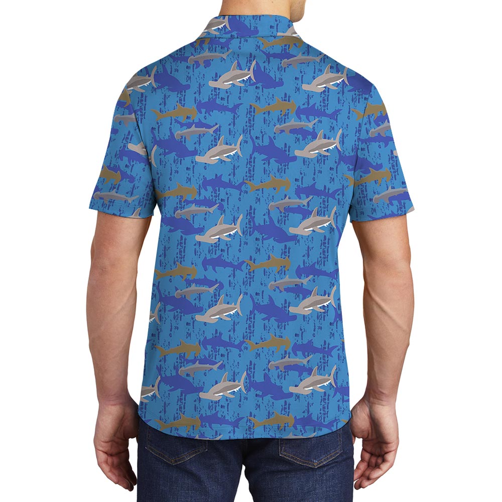 Cool Hammerhead Shark Blue Hawaiian Polo For Men