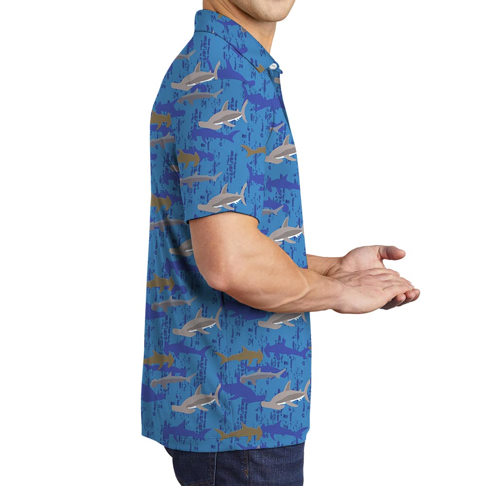 Cool Hammerhead Shark Blue Hawaiian Polo For Men