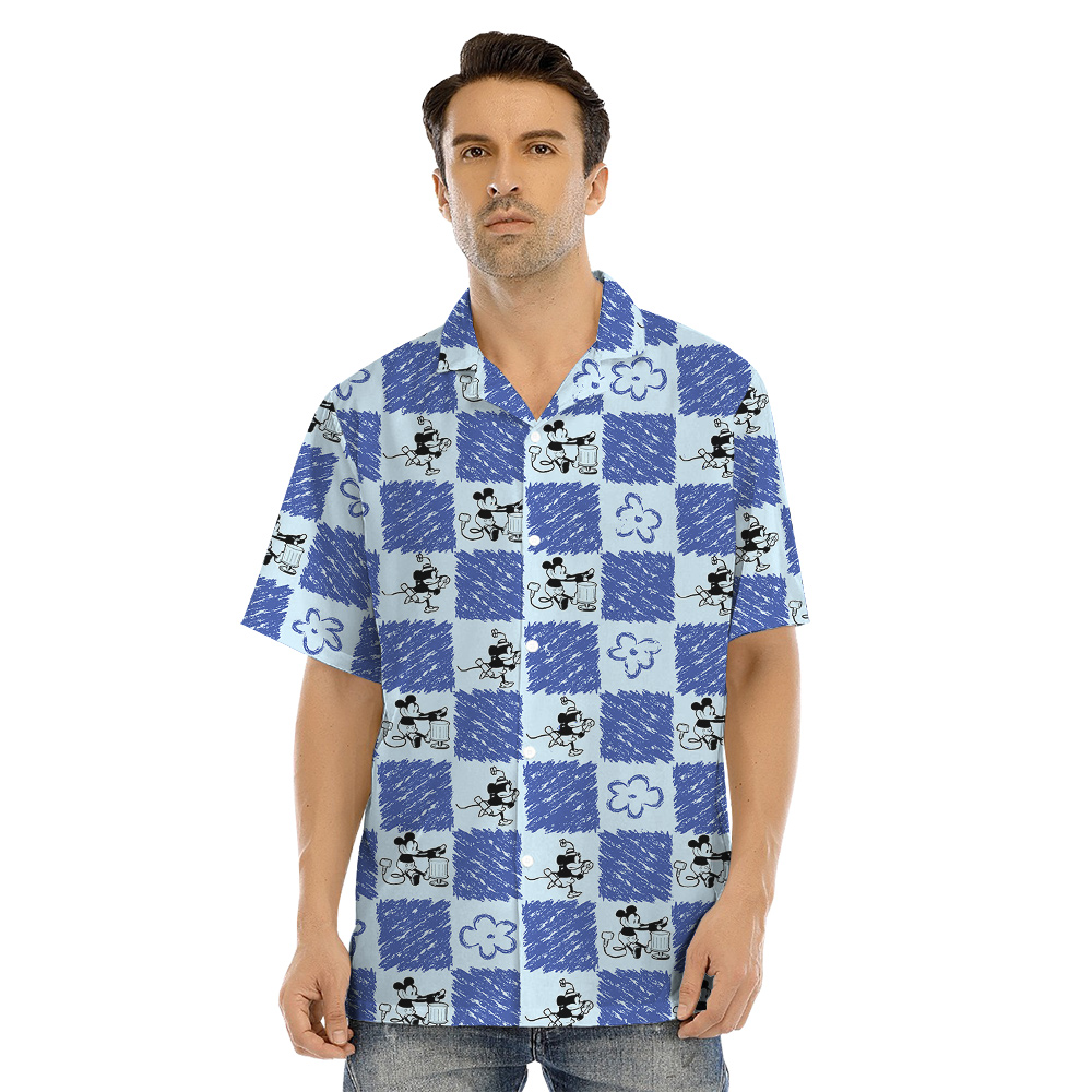 Cute Mickey Steamboat Willie Floral Blue Matching Family Hawaiian Outfits