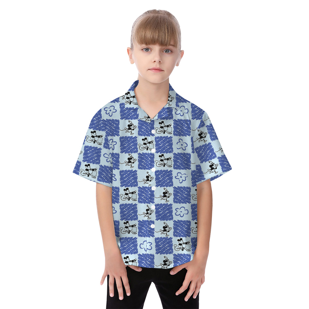 Cute Mickey Steamboat Willie Floral Blue Matching Family Hawaiian Outfits