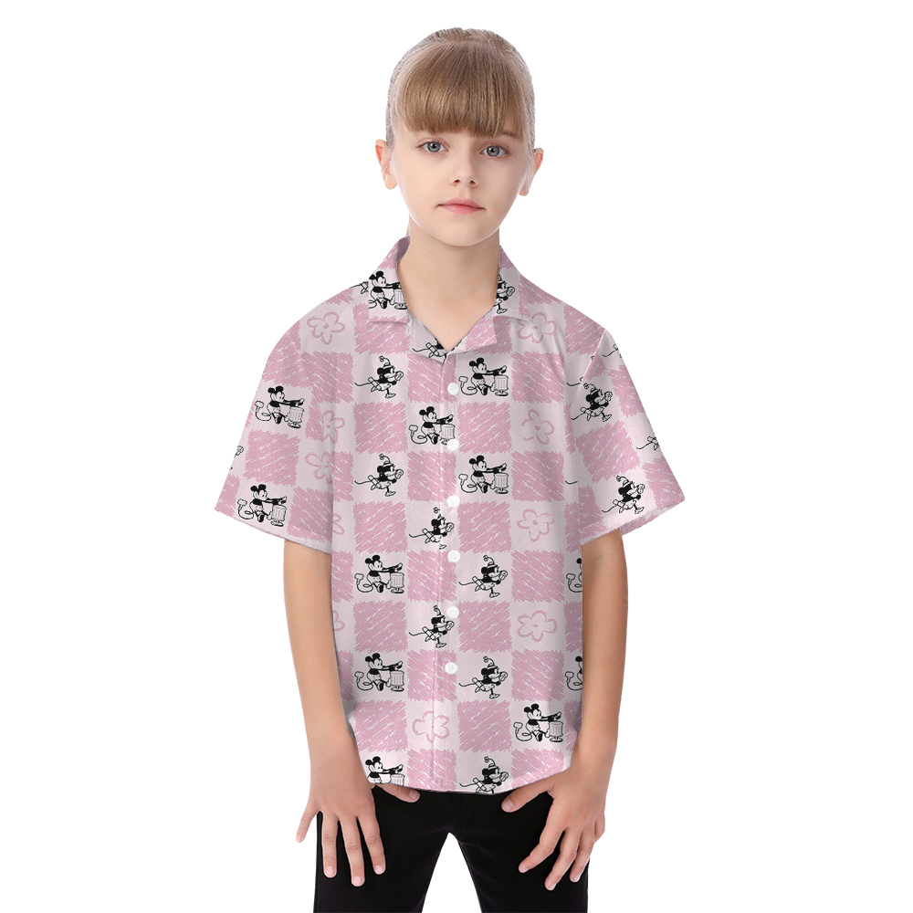 Cute Steamboat Willie Mickey Floral Pink Family Matching Hawaiian Outfits