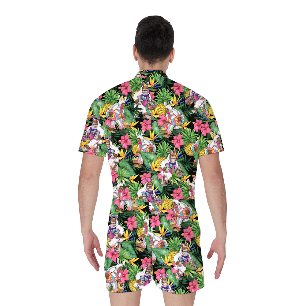 Cute Easter Bunny Bigfoot Floral Hawaiian Romper For Men