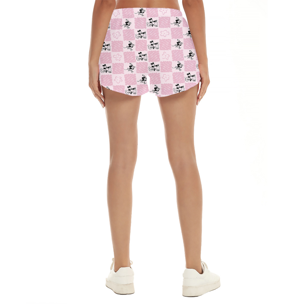 Cute Mickey Steamboat Willie Pink Hawaiian Beach Shorts For Women