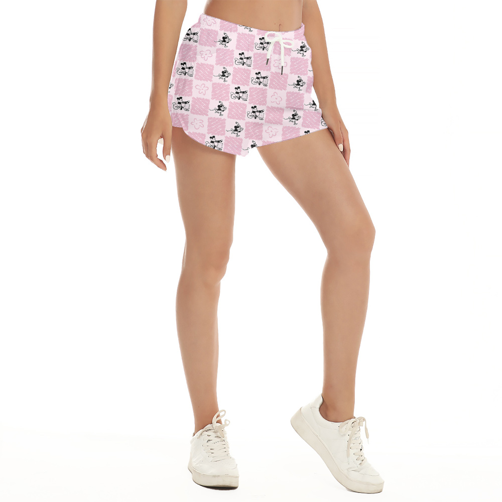 Cute Mickey Steamboat Willie Pink Hawaiian Beach Shorts For Women