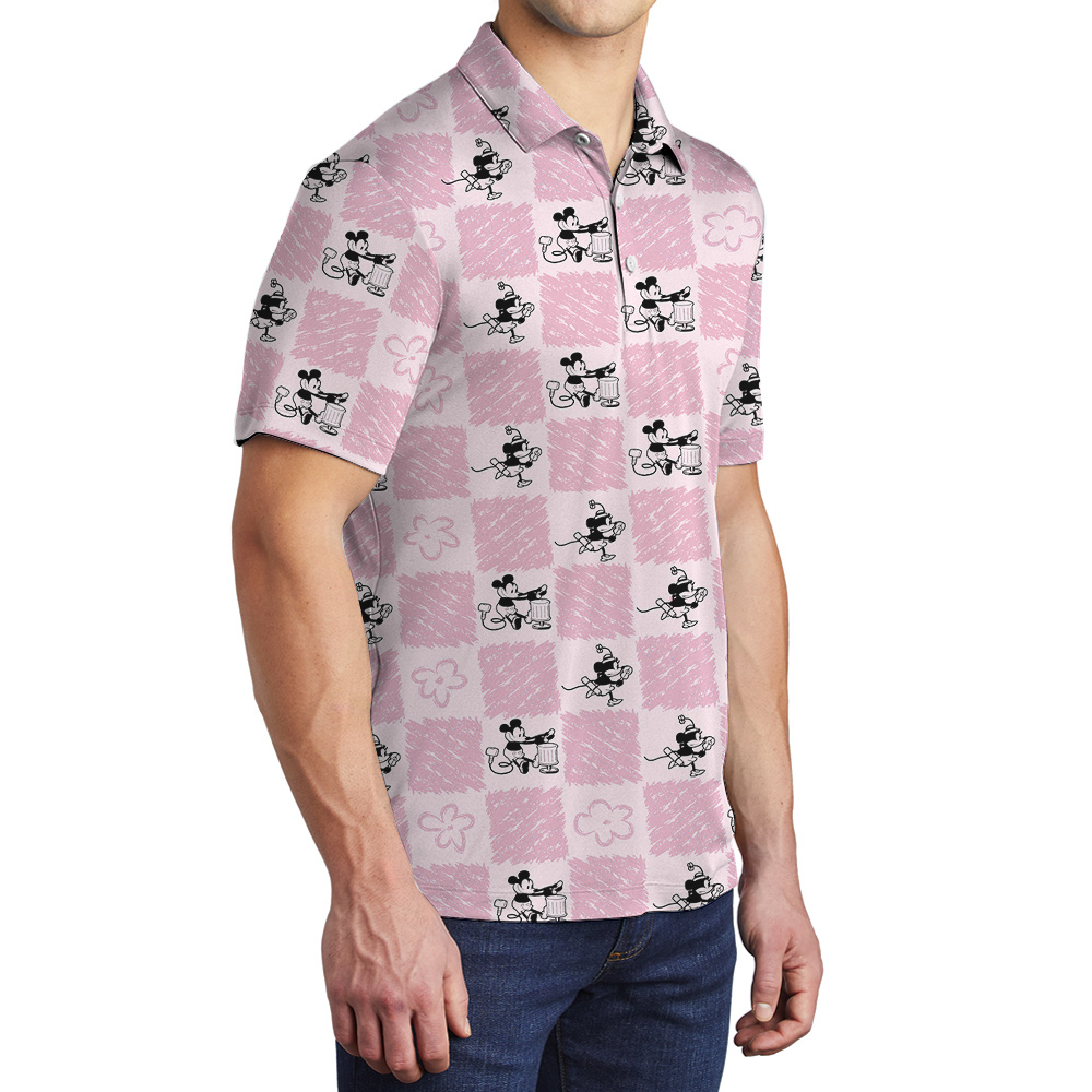 Steamboat Willie 1928 Mickey Floral Pink Hawaiian Polo Shirt