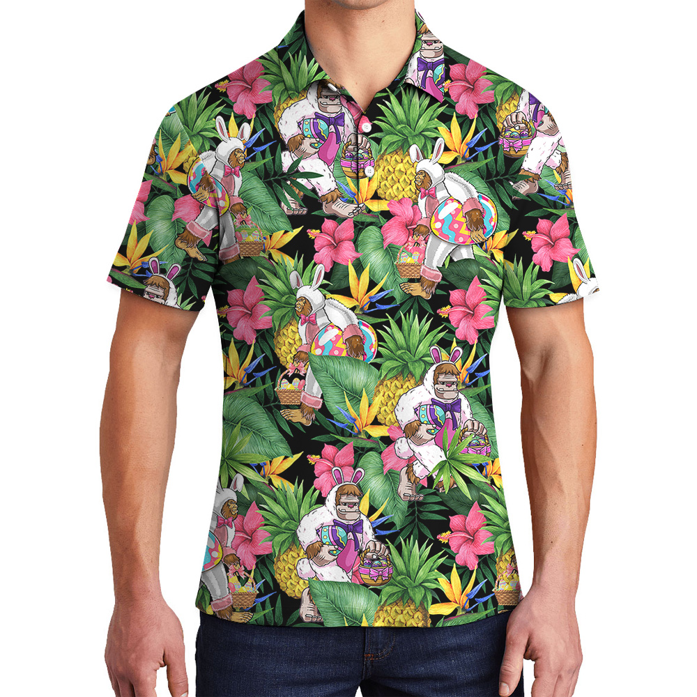Cute Bigfoot Bunny Easter Egg Tropical Hawaiian Polo Shirt - variant image 1