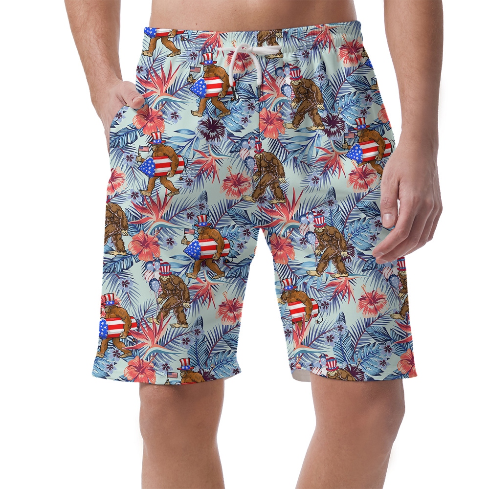 Funny Patriotic Sasquatch Tropical Hawaiian Beach Shorts For Men - variant image 1