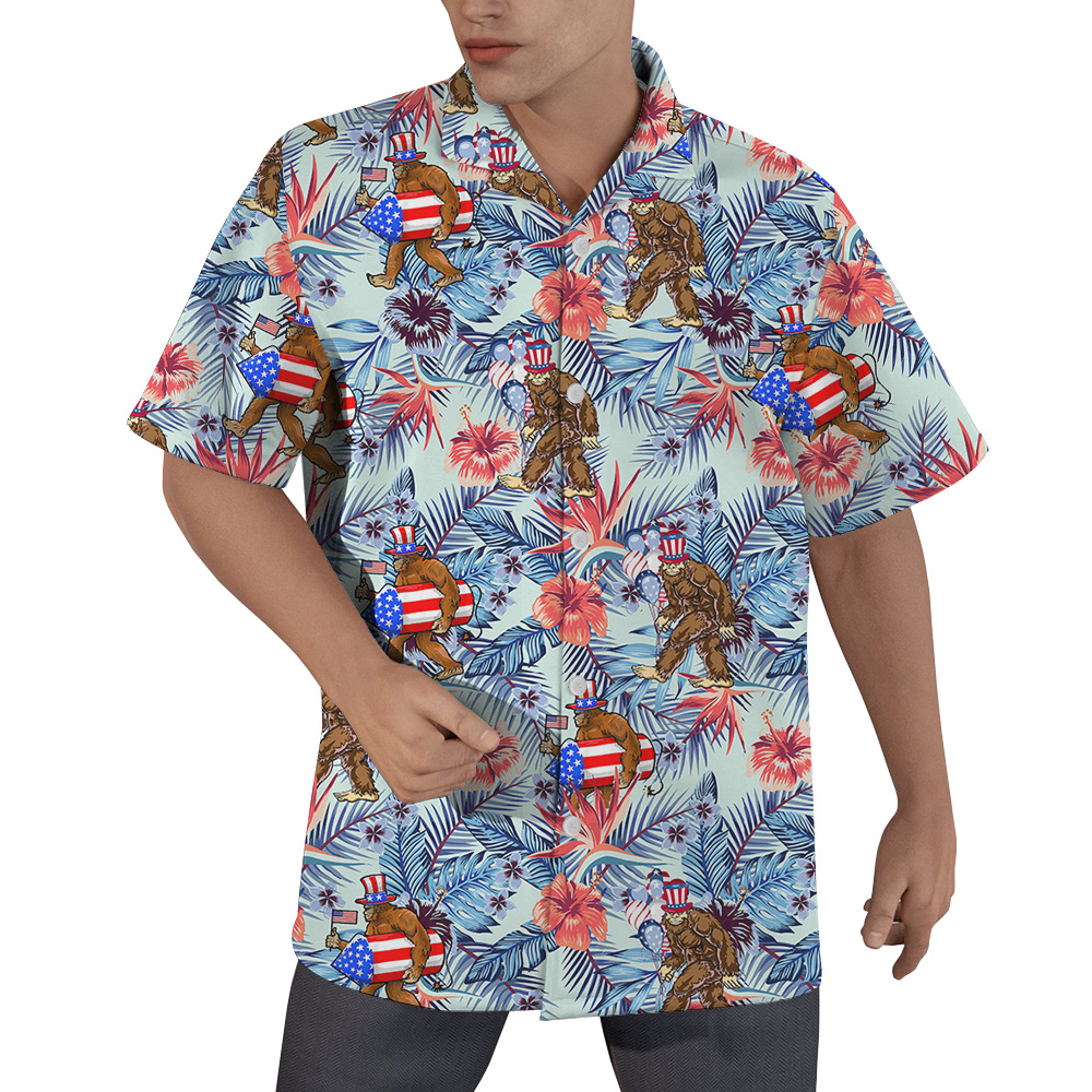 Tropical Patriotic Bigfoot Hawaiian Button Up Shirt - variant image 1