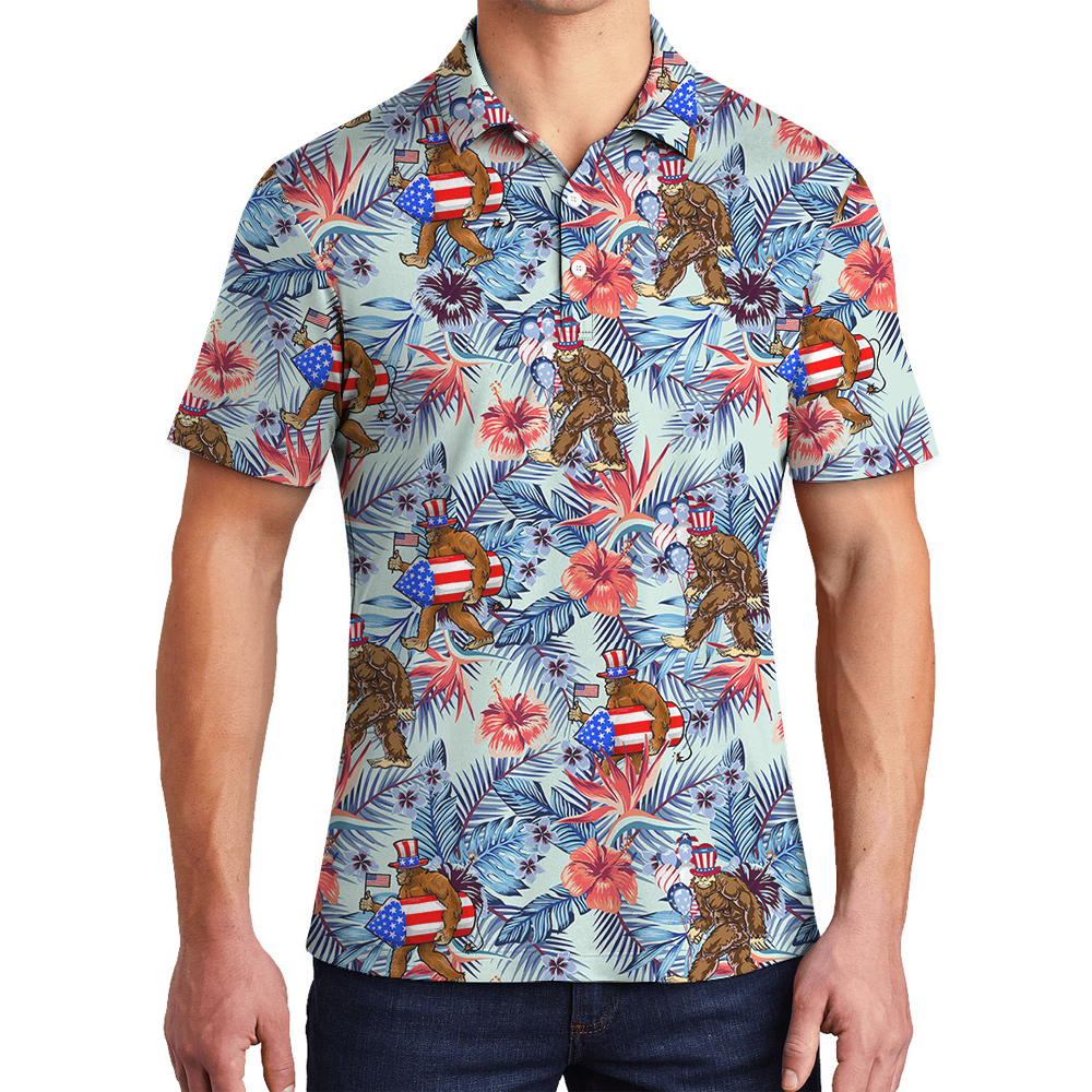 Funny 4th Of July Sasquatch Tropical Hawaiian Polo Shirt For Men - variant image 1