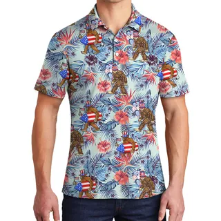 Funny 4th Of July Sasquatch Tropical Hawaiian Polo Shirt For Men