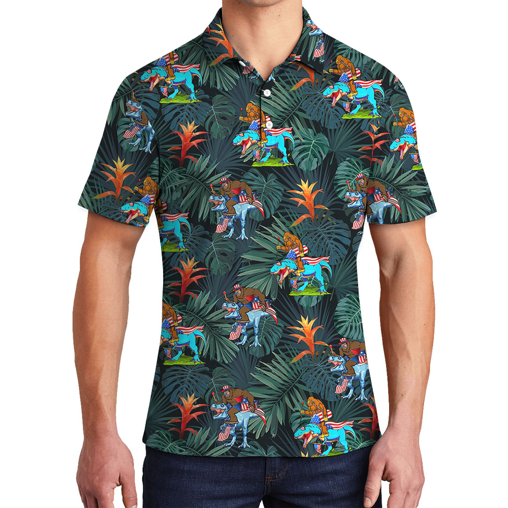 Funny Bigfoot Riding Dinosaur 4th Of July Tropical Hawaiian Polo Shirt - variant image 1