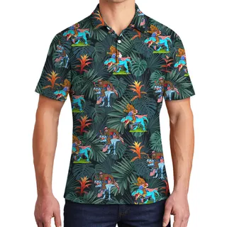 Funny Bigfoot Riding Dinosaur 4th Of July Tropical Hawaiian Polo Shirt