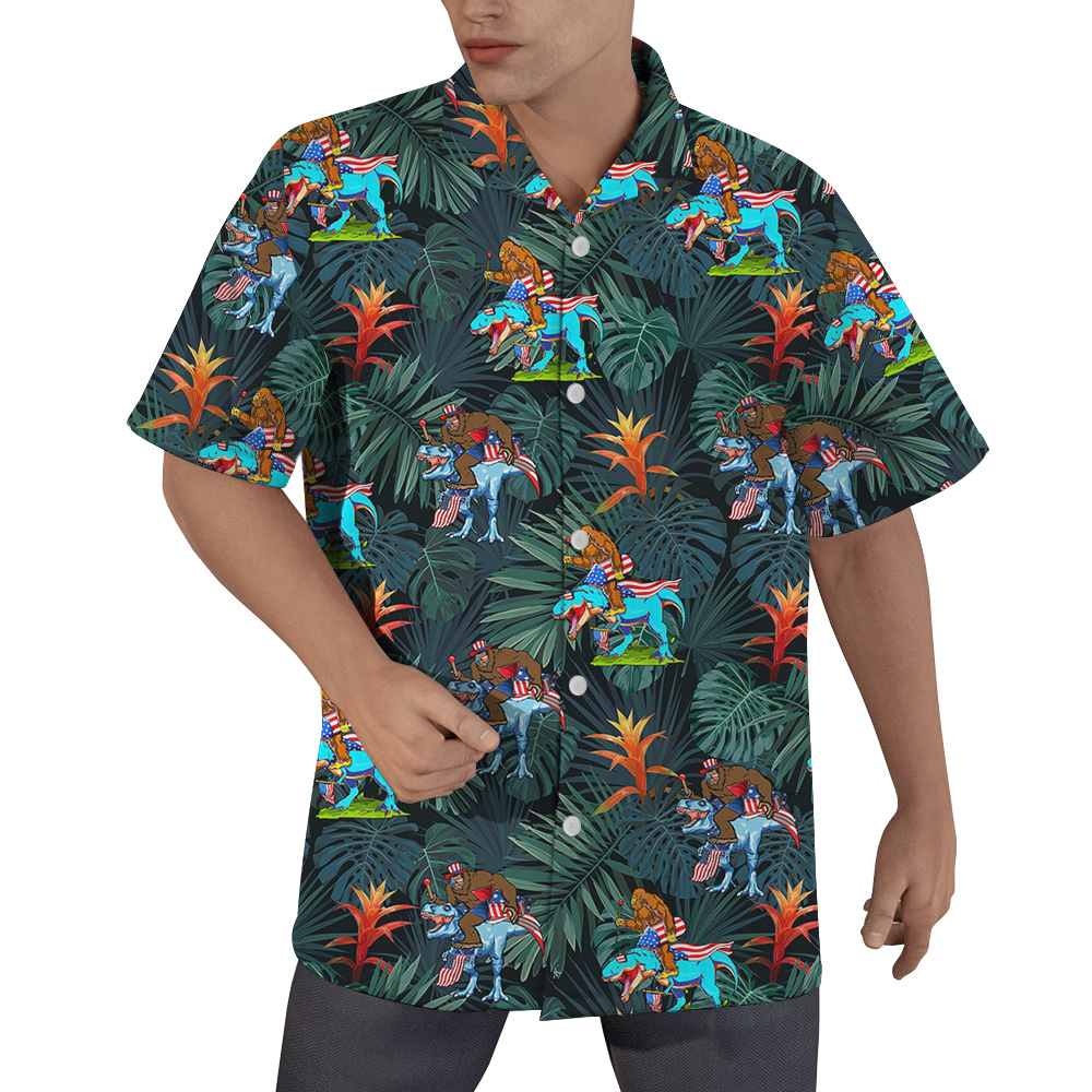 Funny Bigfoot Dinosaur 4th Of July Tropical Hawaiian Button Up Shirt - variant image 1