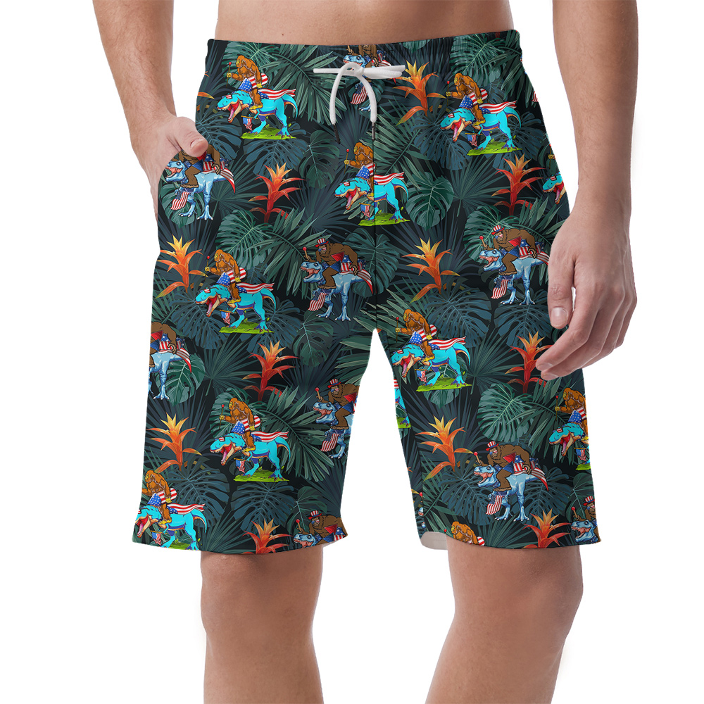4th Of July Sasquatch Dinosaur Tropical Hawaiian Beach Shorts For Men - variant image 1