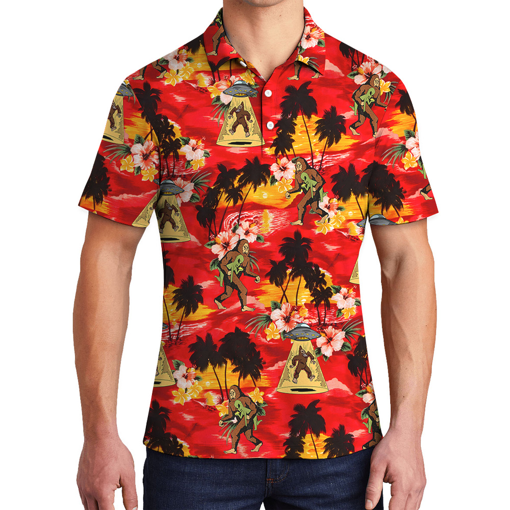 UFO Alien Bigfoot Tropical Orange Men's Hawaiian Polo Shirt - variant image 1