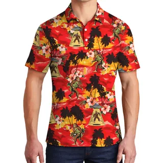 UFO Alien Bigfoot Tropical Orange Men's Hawaiian Polo Shirt