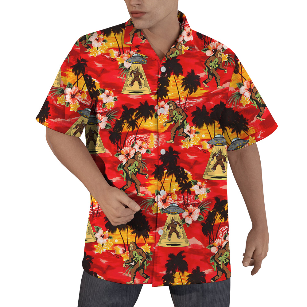 Funny Sasquatch Alien UFO Tropical Sunset Beach Hawaiian Shirt - variant image 1