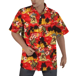 Funny Sasquatch Alien UFO Tropical Sunset Beach Hawaiian Shirt