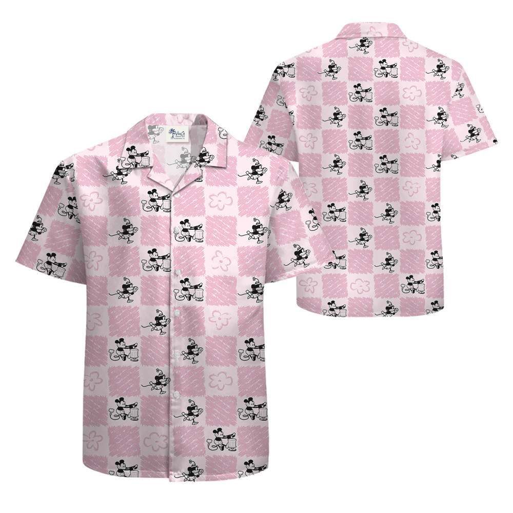 Cute Mickey Steamboat Willie Floral Blue Hawaiian Men's Shirt