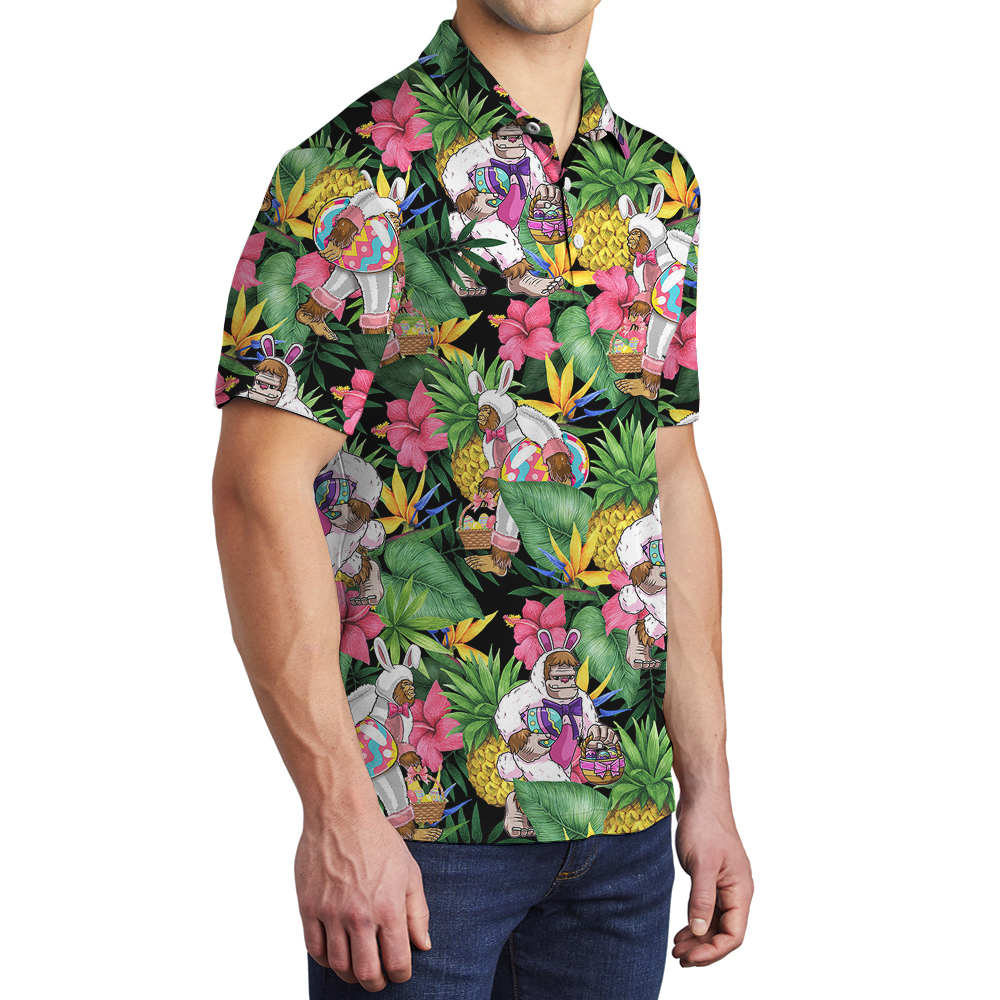 Cute Bigfoot Bunny Easter Egg Tropical Hawaiian Polo Shirt