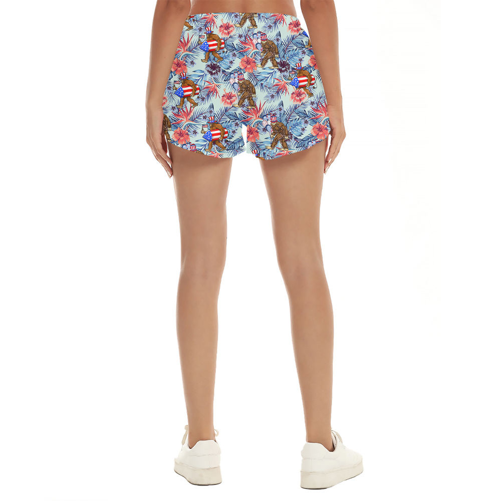 Patriotic Sasquatch Tropical Blue Hawaiian Beach Shorts For Women