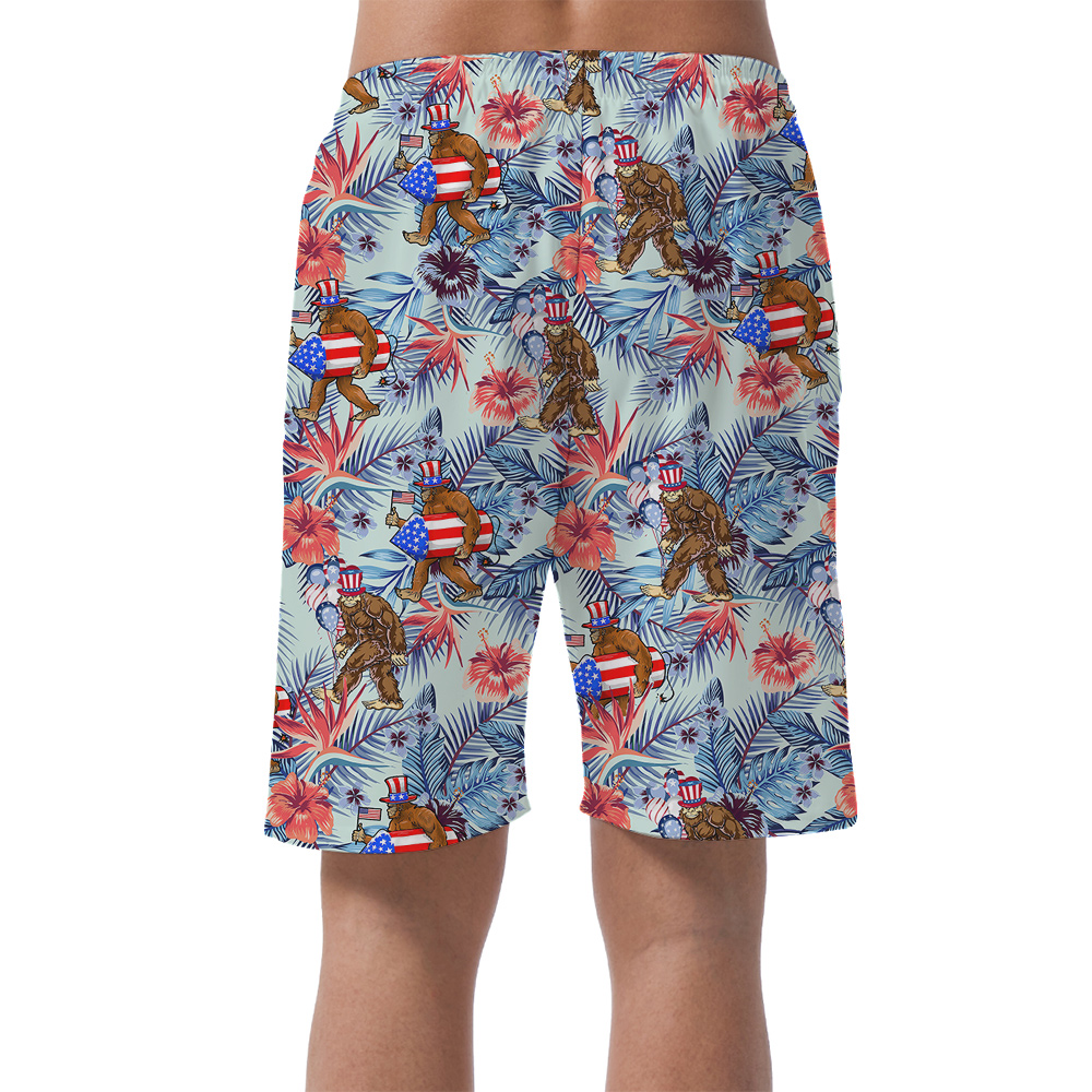 Funny Patriotic Sasquatch Tropical Hawaiian Beach Shorts For Men