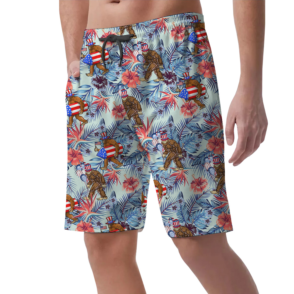 Funny Patriotic Sasquatch Tropical Hawaiian Beach Shorts For Men