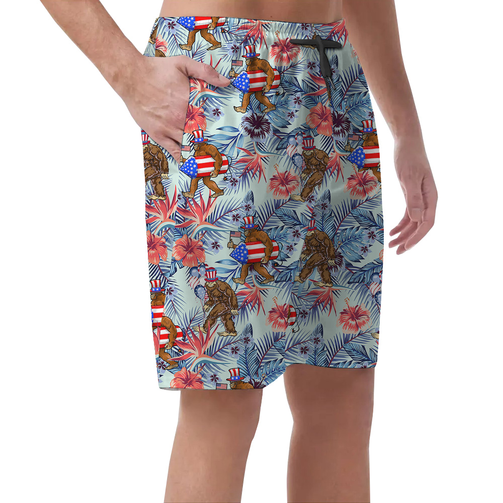 Funny Patriotic Sasquatch Tropical Hawaiian Beach Shorts For Men