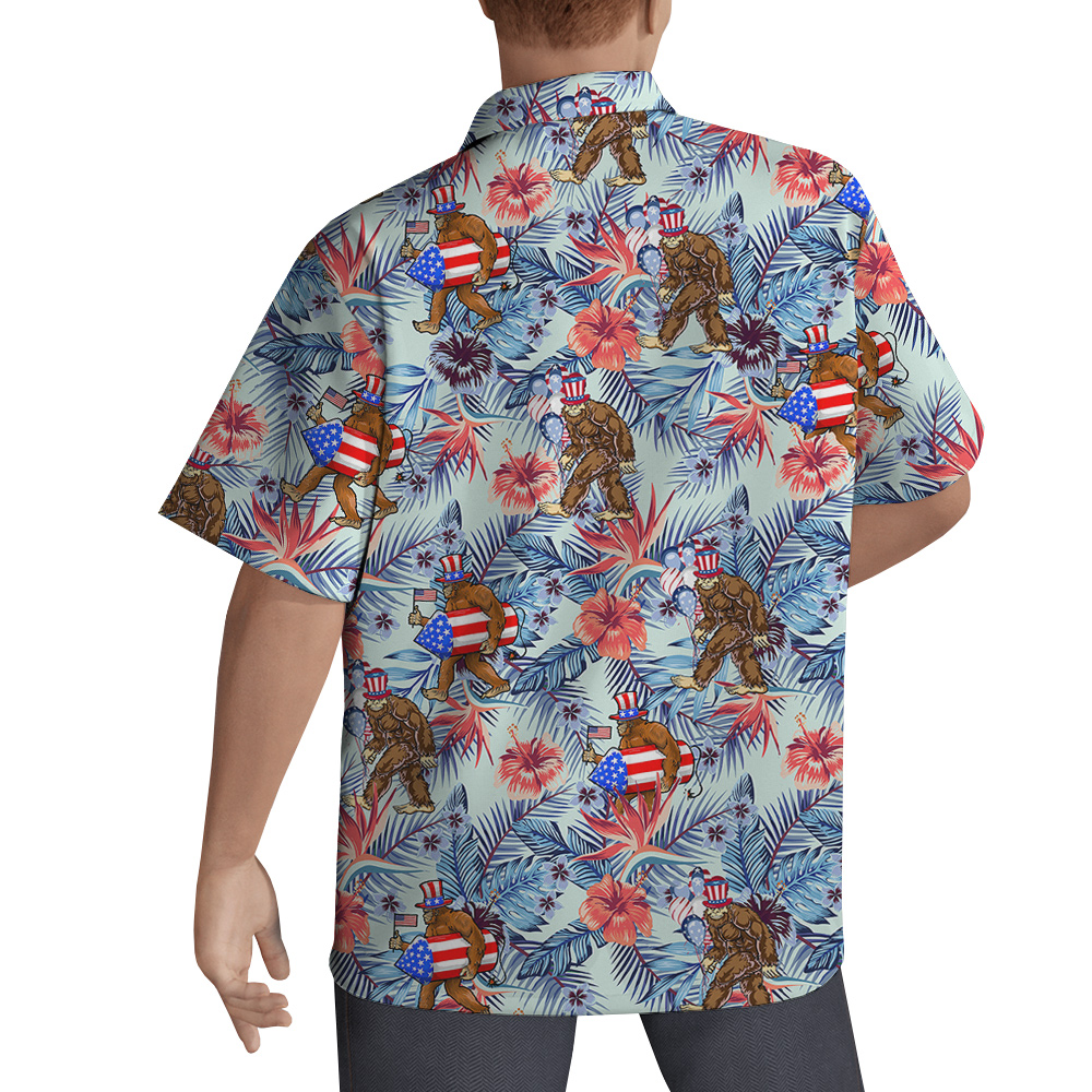 Tropical Patriotic Bigfoot Hawaiian Button Up Shirt
