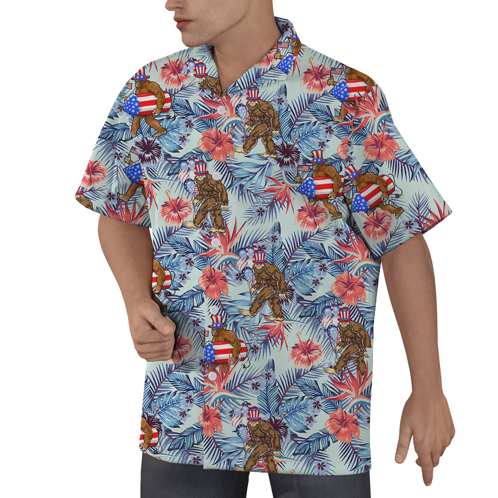 Tropical Patriotic Bigfoot Hawaiian Button Up Shirt