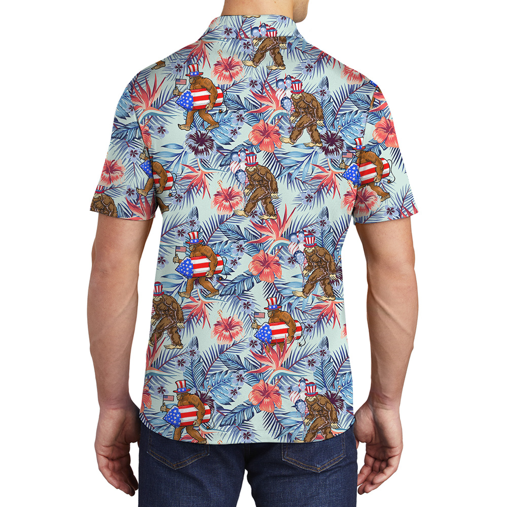 Funny 4th Of July Sasquatch Tropical Hawaiian Polo Shirt For Men