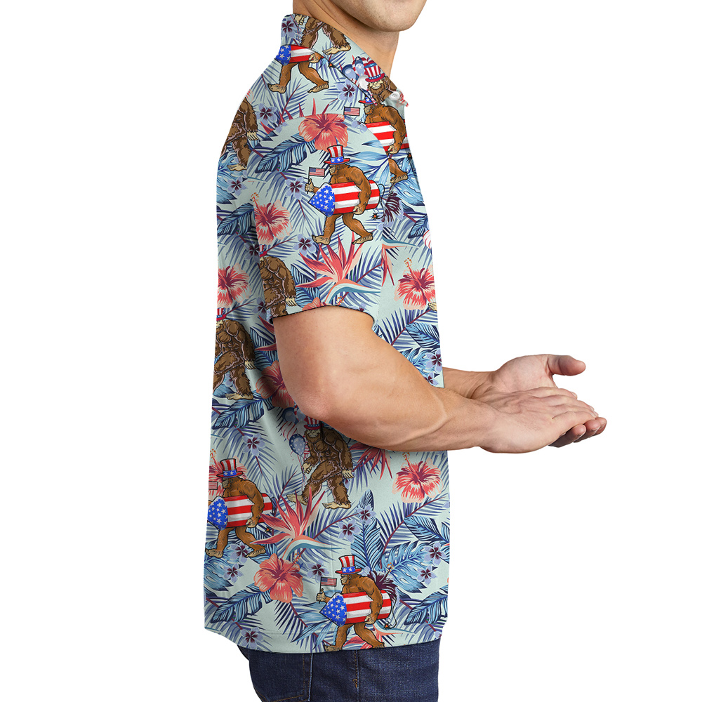 Funny 4th Of July Sasquatch Tropical Hawaiian Polo Shirt For Men