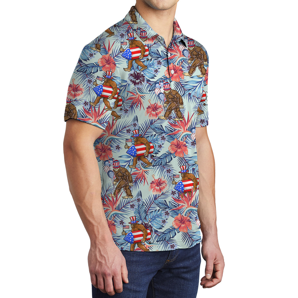 Funny 4th Of July Sasquatch Tropical Hawaiian Polo Shirt For Men