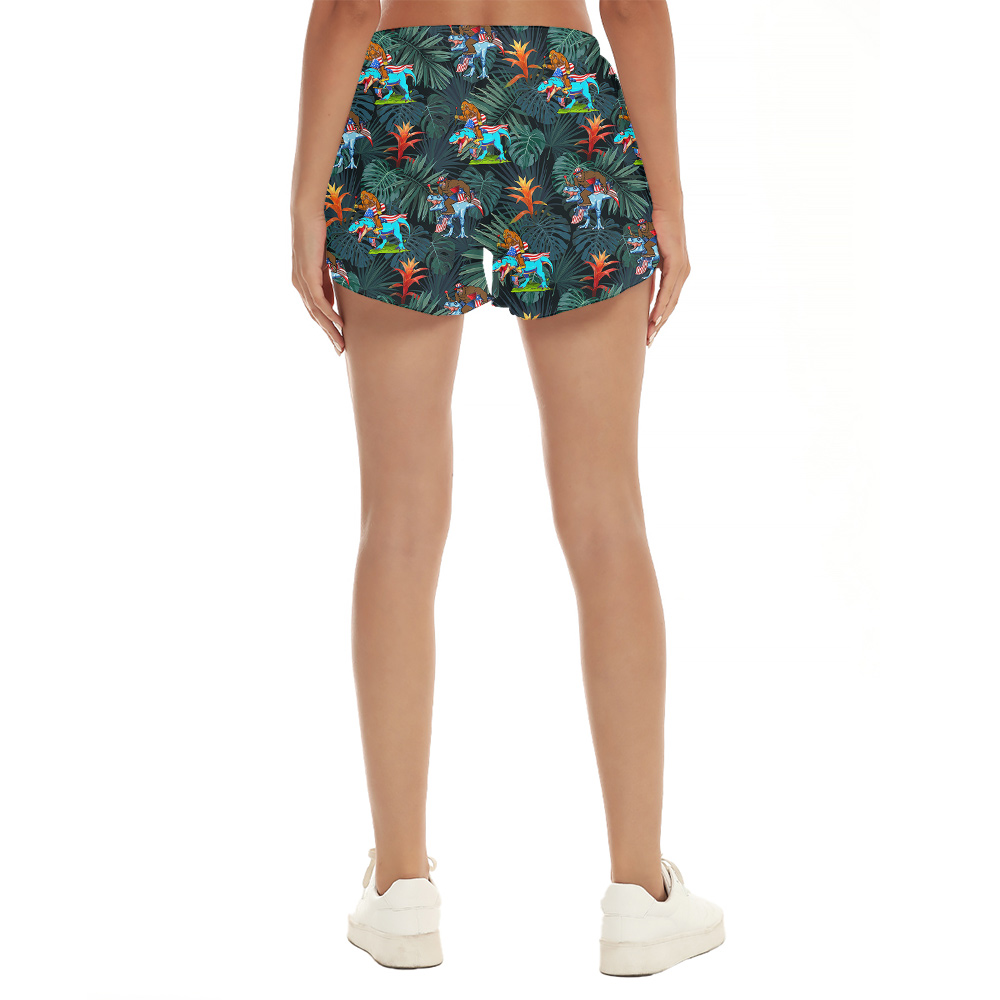 Cute Bigfoot Dinosaur 4th Of July Tropical Hawaiian Beach Shorts For Women