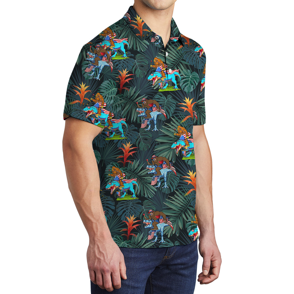 Funny Bigfoot Riding Dinosaur 4th Of July Tropical Hawaiian Polo Shirt