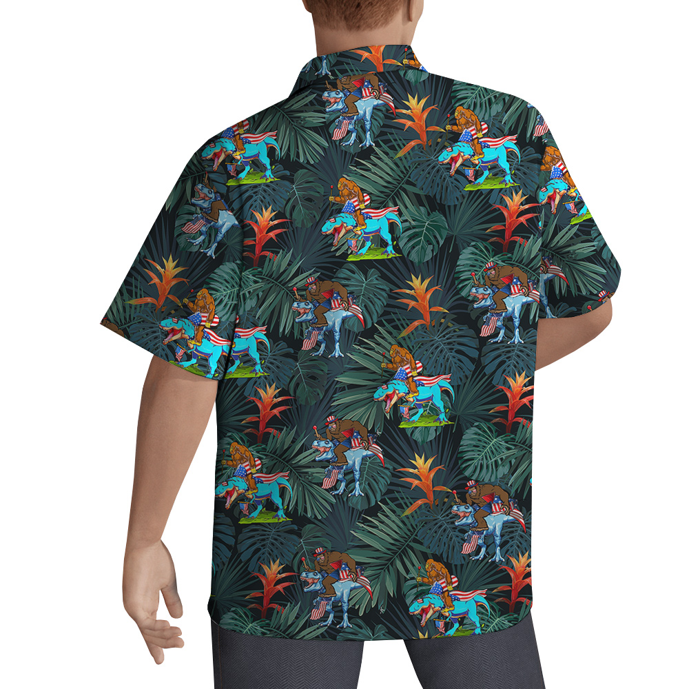 Funny Bigfoot Dinosaur 4th Of July Tropical Hawaiian Button Up Shirt