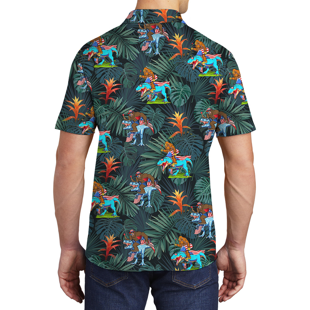 Funny Bigfoot Riding Dinosaur 4th Of July Tropical Hawaiian Polo Shirt
