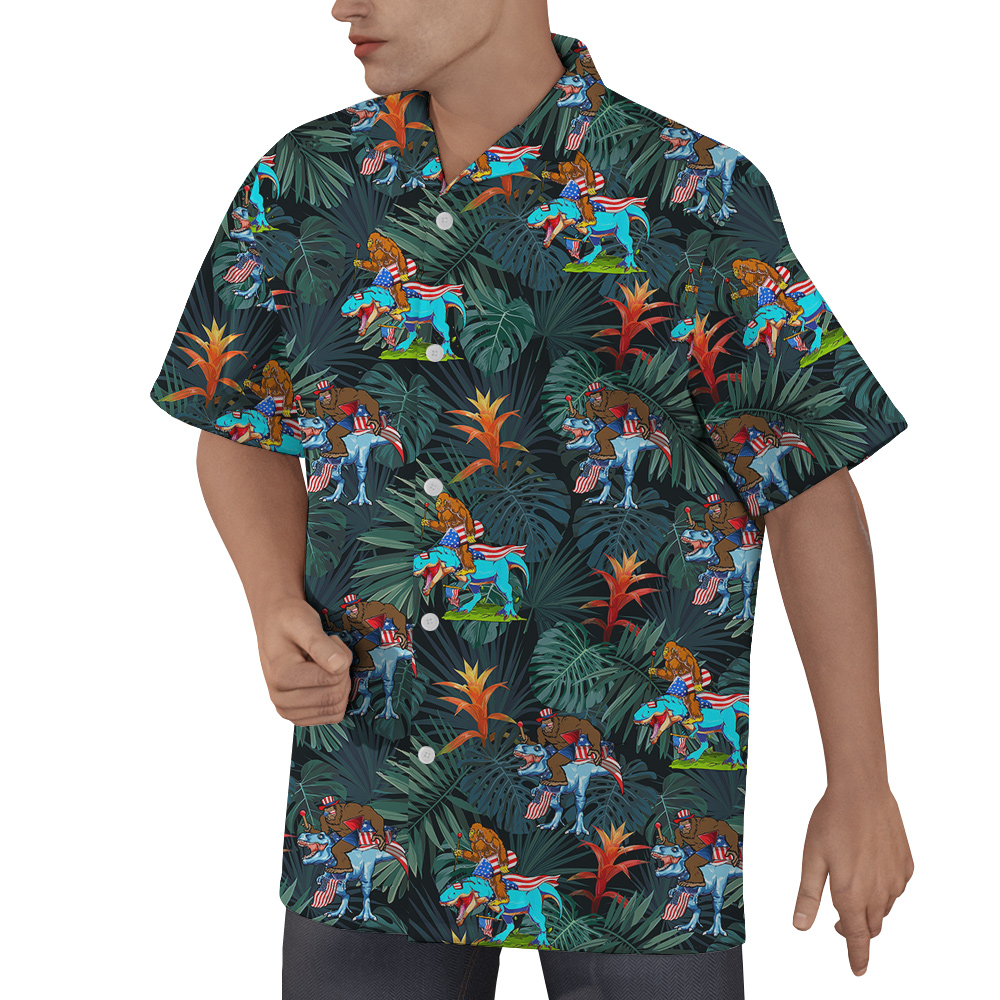 Funny Bigfoot Dinosaur 4th Of July Tropical Hawaiian Button Up Shirt